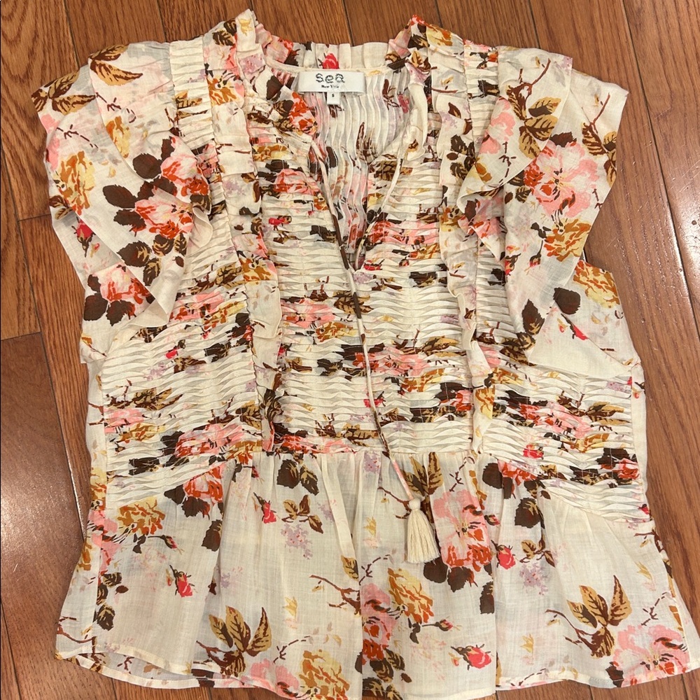 Sea Floral Blouse with Ruffle Details